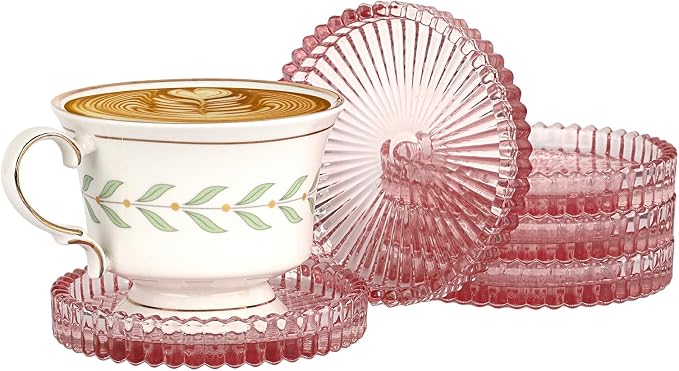 Modern Clear Coaster Set of 5- Glass Coasters for Drinks Crystal Coasters Round Cup Coaster Coffee Table Decor for Office, Kitchen, Bar, Dining Room, Living Room, Patio(Clear Pink)
