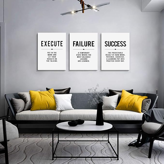 Inspirational Print - Framed Canvas Wall Art Success Quote, Office Wall Art, gift for boss, Positive Motivational Prints, Execute Failure Success Poster (D-3pcs,12x16inchx3pcs)