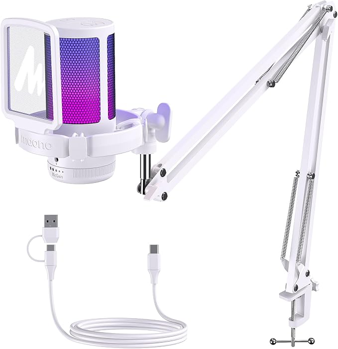 MAONO DGM20S USB Microphone for PC with Clear Voice & Noise Reduction | RGB Lighting, Tap-to-Mute, Gain Control, Monitoring and Boom Arm for Discord Gaming, Streaming, Content Creation.White