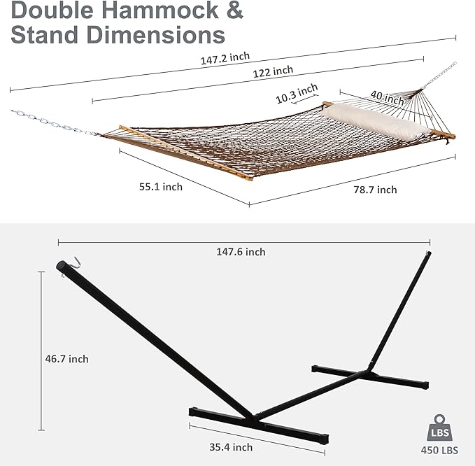 SUNCREAT Portable Hammock with Stand,Heavy Duty Standing Hammock, 450 lbs Capacity, Brown