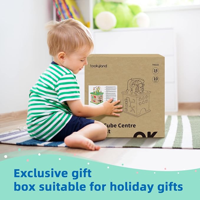 TOOKYLAND 5 in 1 Activity Center, Wooden Large Activity Play Cube 23"X13"X13", Wooden Learning Puzzle Toy for Toddlers, with Animal Friends, Shapes, Mazes, Shape Sorter