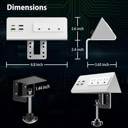 Nightstand Edge Mount Power Strip with USB-C Ports Tabletop Surge Protector Desk Clamp Power Sockets with 3 AC Outlets &4 Fast Charging USB Ports for Home Office Hotel and Dormitory (White(2-Pack))