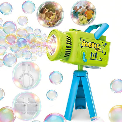 Upgraded Rechargeable Camera Bubble Machine, Bubble Maker for Kids with LED Light, Auto 360° Rotation, Large Bubbles, Type-C Charge, Outdoor Toys Gifts for Wedding, Birthday, Parties, Easter