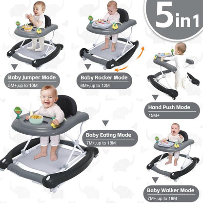 Foldable Baby 5-in-1 Activity Walker - Rocker, Activity Center, Bouncer, Seat Walker, Push Walker - Adjustable Speed Rear Wheels and Height Toys Ages 6-18 Months… (Black)