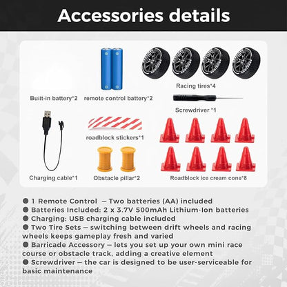 RC Drift Car, 1/24 Remote Control Drift Car for Adults Kids, 20KM/H 4WD Low/High Speed RC Cars with LED Lights, Extra Drifting Tires, Vehicle for Boys Girls Beginners Indoors Outdoors Red