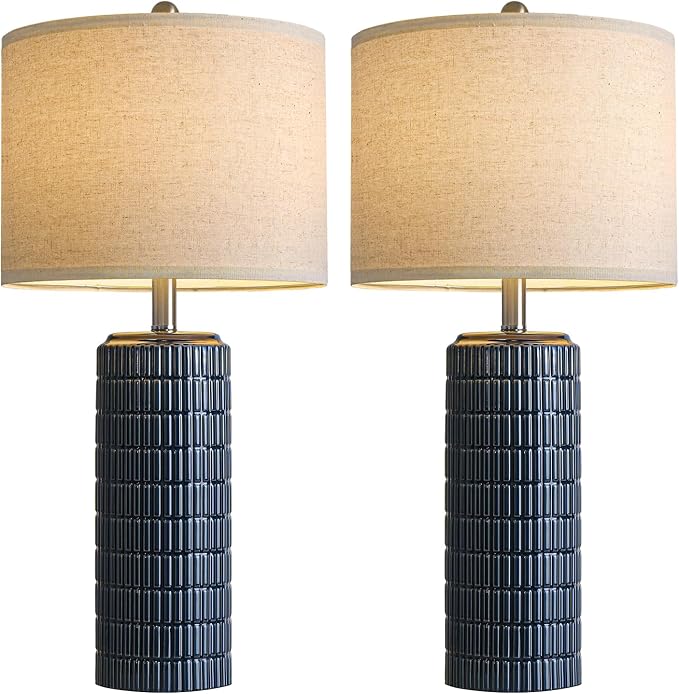 PoKat 27.5'' Tall Table Lamps for Living Room Set of 2, Ceramic Bedroom Lamps for Night Stands, Modern Bedside Lamps for Bedroom Living Room, Nightstand Lamps for Side End Table Hallway, Blue