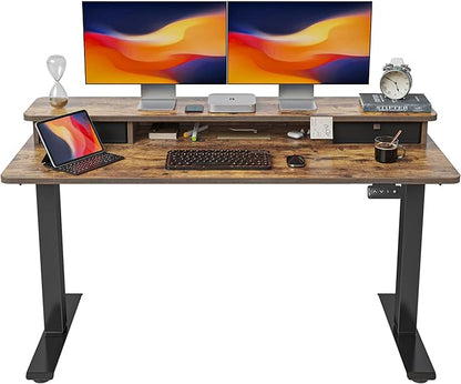 FEZIBO 55 x 24 Inch Height Adjustable Electric Standing Desk with Double Drawer, Stand Up Desk with Storage Shelf, Sit Stand Desk, Rustic Brown