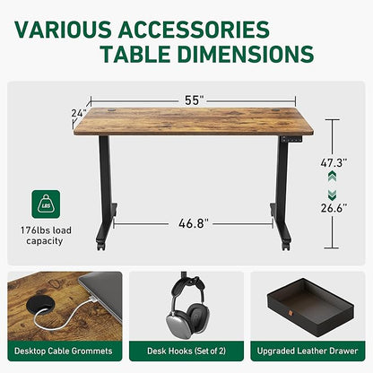 FEZIBO 55 x 24 Inches Standing Desk with Drawer, Adjustable Height Electric Stand up Desk with Storage, Sit Stand Home Office Desk, Ergonomic Computer Desk, Rustic Brown