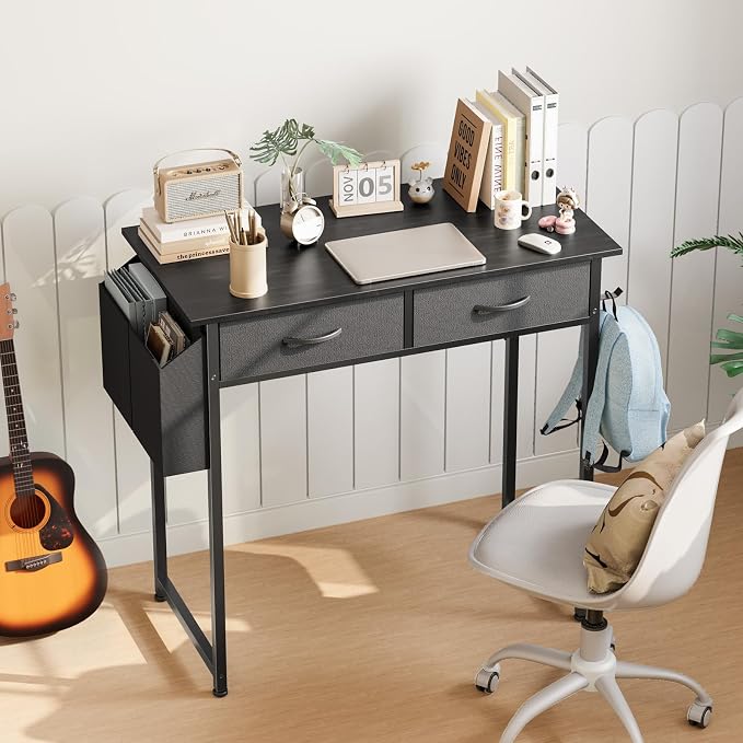 OLIXIS 32 Inch Small Desk, Computer Desk, Home Office | Fabric Drawers, Side Bag, Headphone Hook, Writing Study Work Table, Bedroom, Sleek Black