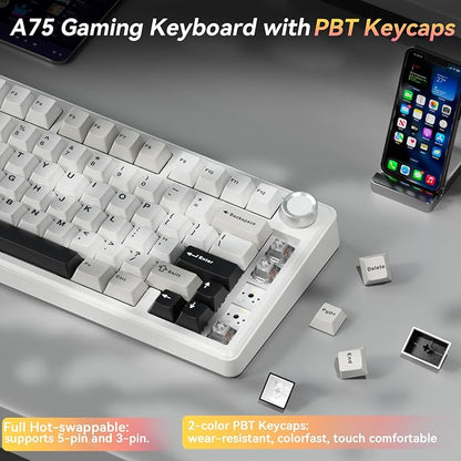 SOLAKAKA A75 75% Wireless Mechanical Keyboard, Hot Swappable Gaming Keyboard with Multifunction Knob & RGB, Gasket Mounted Creamy Keyboard, PBT Keycaps, Compact Layout for Win/Mac/PC