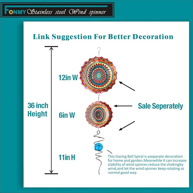 FONMY Stainless Steel Wind Spinner Worth Gift Indoor Outdoor Garden Decoration Crafts Ornaments 12 inch Multi Color Mandala Wind Spinners