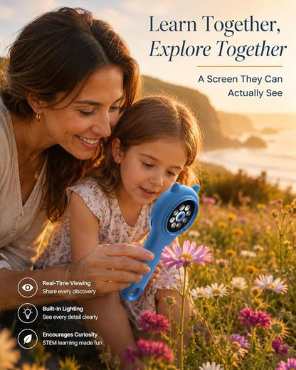 Outdoor Exploration Microscope for Kids, 500X Portable Digital Microscope with 2" IPS Screen, Summer Camping Travel STEM Toy Age 5-12 (Blue)