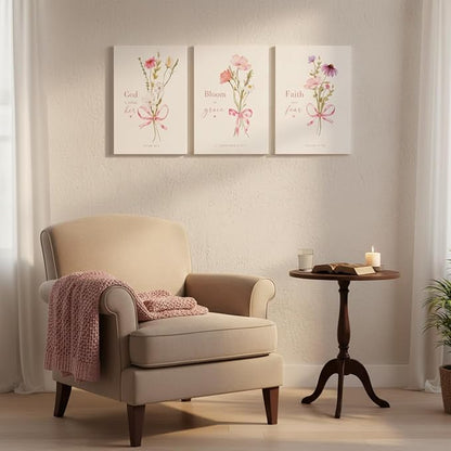 Baby Girl Nursery Wall Art Set of 3 Pink Bow Floral Canvas Prints, Christian Bible Verse Nursery Decor, Cute Flower Posters Pictures with Scripture for Girls Room Bedroom Framed 16x24 Inch