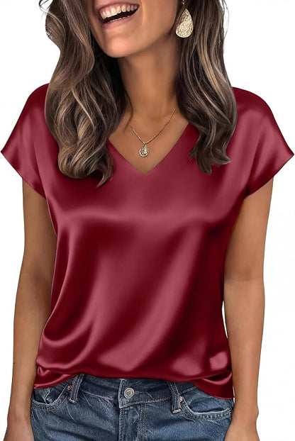 WIHOLL Womens Satin Summer Tops Cap Short Sleeve Blouses V Neck Shirts Business Casual Outfits Fashion Clothing 2026
