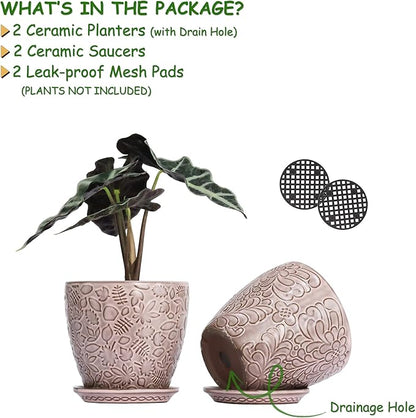 6 Inch Retro Ceramic Planter Set of 2 with Drainage Hole and Saucer for Plants, Indoor-Outdoor Garden Pots for Succulent, Orchid, and Flower (Fits Inner Pots Up to 5 Inches, Retro Peach)