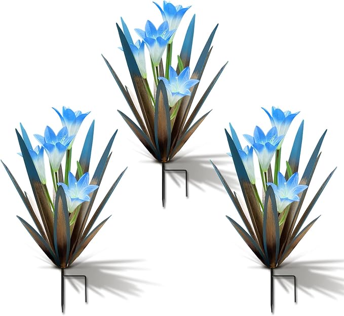 Homight Metal Agave Plant Outdoor Decoration Lily Mexican Yard Art Garden Gift Home Decor Hand Painted Metal Agave Garden Yard Statue, Outdoor Lawn Ornaments(3 Big Blue Lilies)