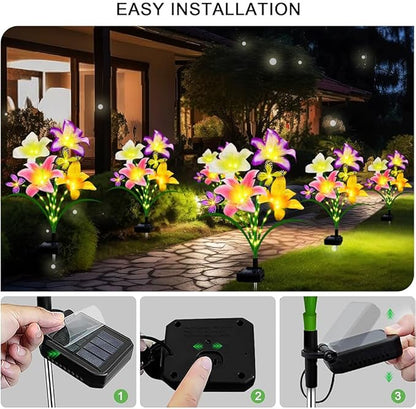 Solar Garden Lights 4 Pack LEDs Solar Lilies Flower Lights, Yard Patio Pathway Decoration High Flexibility Copper Wire Handmade Silk Artificial Flowers Never Wither, Gift for Family Friends