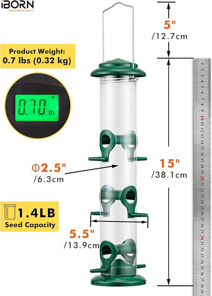 iBorn Metal Bird Feeders 6 Ports Hanging Wild Bird Seed Feeder for Mix Seed Blends, Seed Feeder, Sunflower Heart, Birdbath, Heavy Duty All Metal Green Finishing 15 Inch 6Port,Gift Box