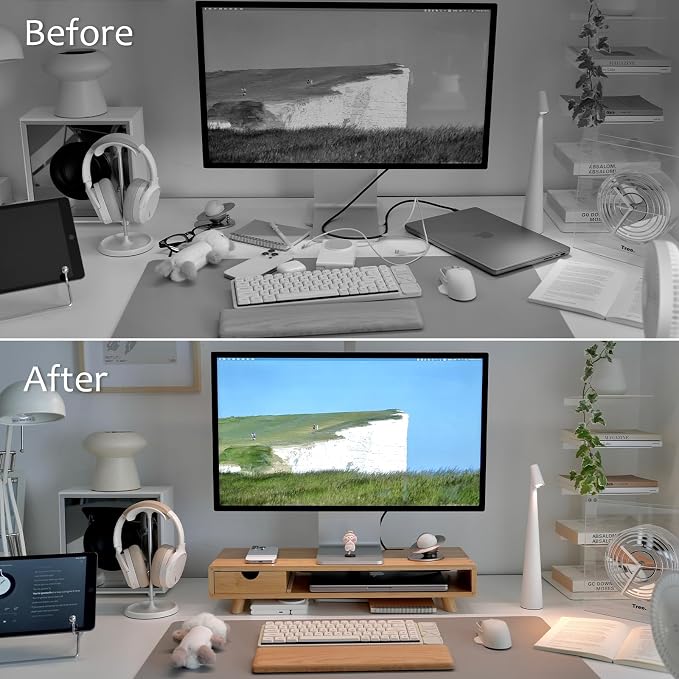 Bamboo Monitor Stand Riser with Drawer, Ergonomic Computer Riser for Desk with Cable Management & Storage Organizer, Wood Monitor Stand for Home Office