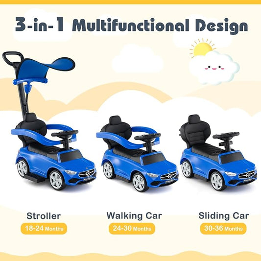 Costzon Push Car for Toddlers, 3 in 1 Mercedes Benz Stroller Sliding Walking Car w/Canopy, Handle, Safety Bar, Horn Sound, Underneath Storage, Foot-to-Floor Ride On Toy for Boys & Girls (Blue)