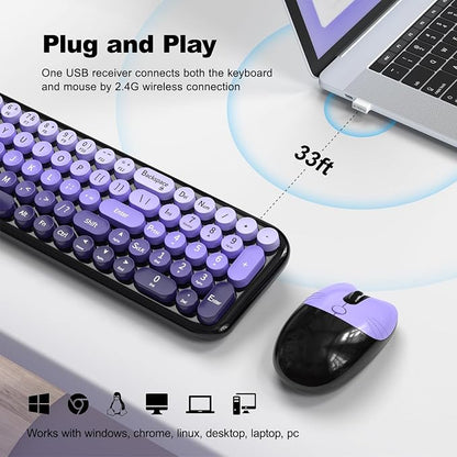 MOFII Wireless Keyboard and Mouse Combo, Compact Small Keyboard with Large Print, 2.4GHz Retro Typewriter Keyboard, Quiet Click Mouse for PC, Laptop, Desktop, Windows (Black Purple Gradient)