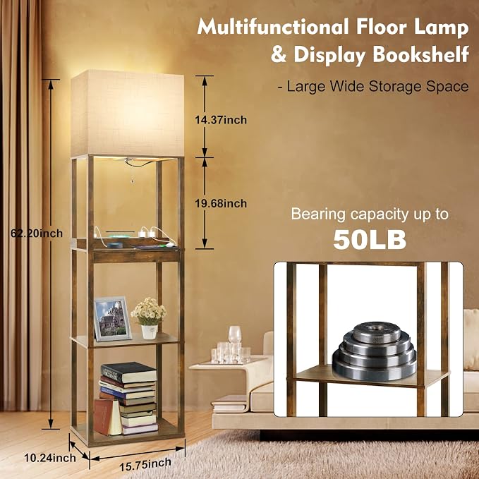 RUNTOP Floor Lamp with Shelves, Plus Shelf Lamp with Wireless Charger, 2 USB Port and Outlet, 1 Drawer, 15W LED Bulb, 3 Colors, Memory Function, Floor Lamps for Living Room, Standing Lamp for Bedroom