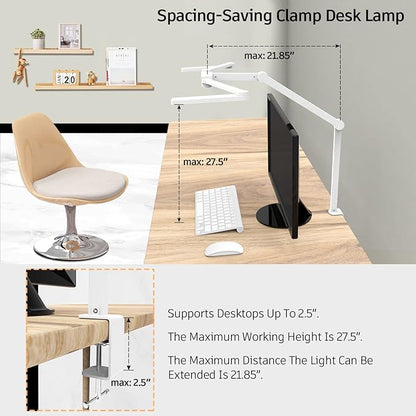 Transformable LED Desk Lamp, 41.5" Large Architect Desk Lamp with Clamp, White Computer Desk Light for Home Office, 24W Ultra Bright Auto Dimming Office Lighting Table Light for Crafting