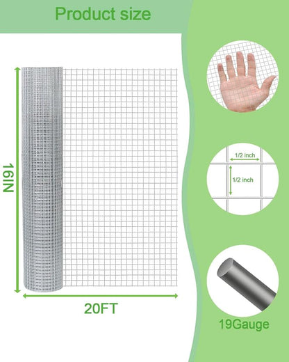 Hardware Cloth 16in x 20ft 1/2 Inch 19 Gauge, Hot-Dipped Galvanized Welded Wire Mesh, Low Carbon Steel, Animal Cage Wire Netting, Garden Wire Mesh