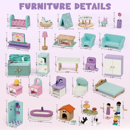 Lehoo Castle Wooden Dollhouse Furniture Set 39 Pcs with 5 Rooms, Family Dolls & Pets, All-Wooden Doll House Accessories and Furniture, Pretend Play Dollhouse Accessories Toy Gift for Kids 3+
