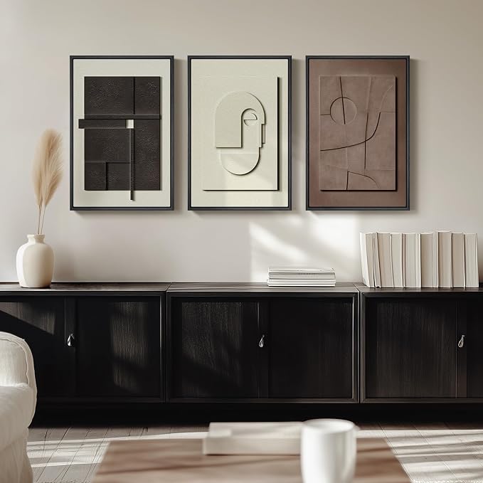 3D Textured Framed Abstract Wall Art, 3 Piece Modern Paintings Artwork for Walls, Black White Brown Geometric Sandstone Texture Pictures for Living Room Dining Room Bedroom Office Wall Decor 16x24 In