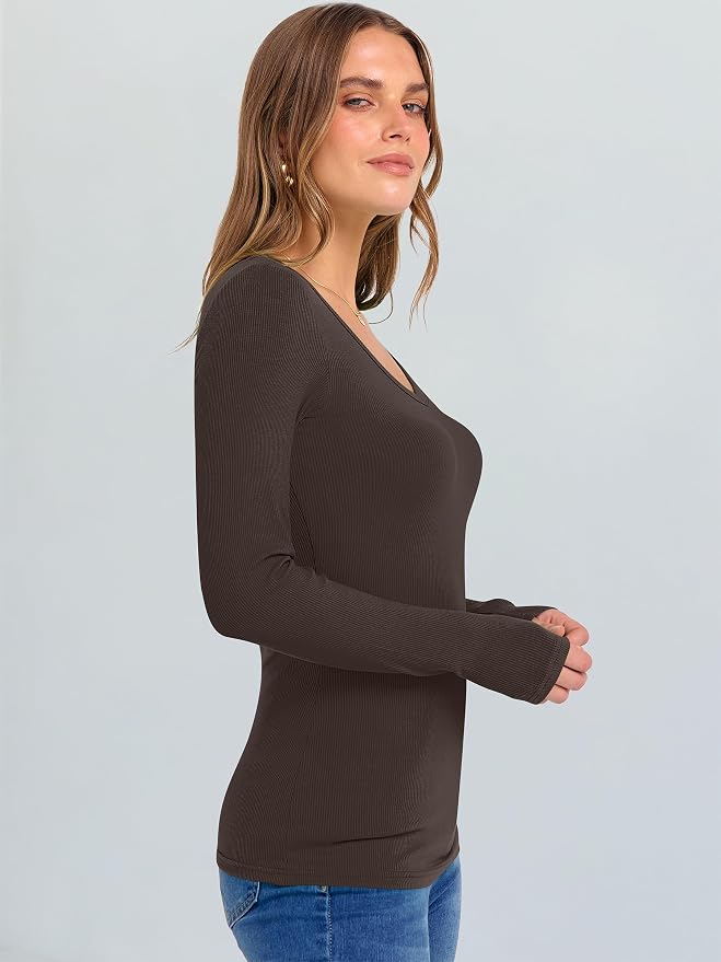ANRABESS Long Sleeve V Neck Shirts for Women | Soft Comfy Ribbed Knit Fitted Tshirts, Casual Going Out Tops, 2026 Trendy Basic, Fall Winter Underscrub Layering Clothes