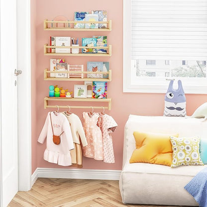 Fixwal Nursery Book Shelves, 23.6 Inch Floating Bookshelves for Wall Set of 4, Baby Nursery & Playroom Decor, Solid Wood Wall Mounted Shelves for Books and Toys Storage (Natural Wood)