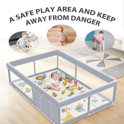 XVISHX Baby Playpen with Mat, 65 x 50 Inch Play Pen Playards, Playpen for Babies and Toddlers, Baby Playard for Indoor & Outdoor Active Center Game Fence, Skin-Friendly Fabric and Soft Breathable Mesh