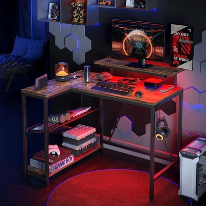 Bestier 42-Inch L-Shaped Gaming Desk with Charging & LED, Rustic Brown | Charging 2AC+USB+Type-C, RGB LED 7 Colors/20 Modes, Reversible Storage Shelves, 3D Carbon Fiber, Headphone Hook, Small Space