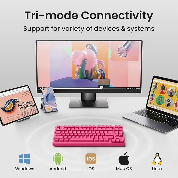Kisnt KN85 Wireless Silent Mechanical Keyboard, 75% Layout, Bluetooth/2.4GHz/USB-C, Custom RGB Backlit, Hot Swappable, Quiet Typing for Windows/Mac/PC (Berry Red)
