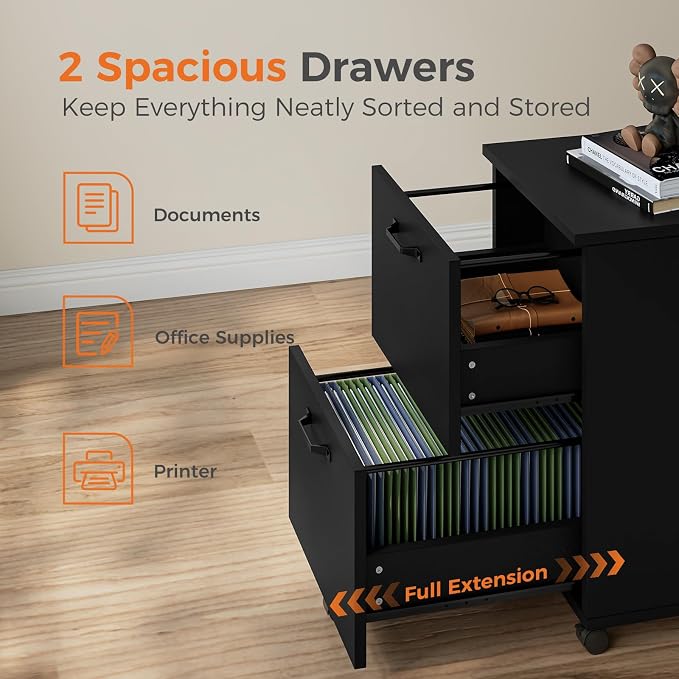 Sweetcrispy 2-Drawer Rolling File Cabinet, Wood Under Desk Storage with Lockable Wheels, Mobile Printer Stand & Home Office Organizer for Documents and Office Supplies, Black