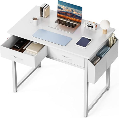 DUMOS 32" Home Office Computer Desk with Drawers, Small Gaming Writing Study Table with Storage Side Bag, Headphone Hook and Adjustable Feet for Bedroom White | Home Office Desk for Bedroom, Gaming Writing Study Desk with Adjustable Feet
