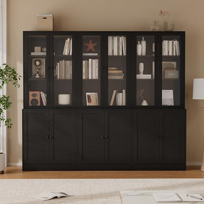 TUSY 71'' Bookshelf with Doors - 5 Tier Freestanding Tall Bookcase, Modern Storage Cabinet for Home Office, Curio Cabinets with Glass Door for Living Room, Bedroom (2, Black)
