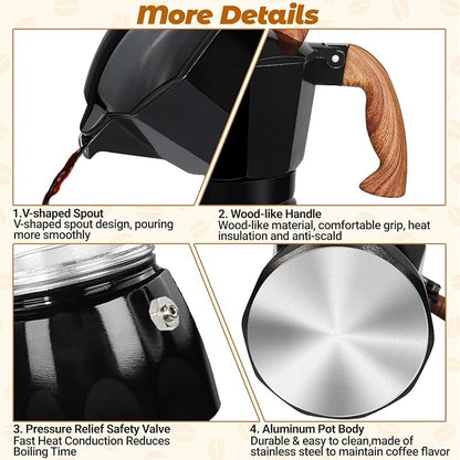 3 Cup Aluminum Moka Pot Classic Stovetop Espresso Coffee Maker 150ml 5oz Coffeemaker Percolator Mocha Pot Greca Coffee Maker Cafe Makers for Italian and Cuban Café Brewing Black