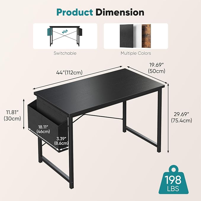 OLIXIS Computer Desk, 44 Inch Gaming Desks for Home Office Small Spaces | Writing Study Craft Work Table, Computer Workstation for Bedroom with Storage Bag, Black