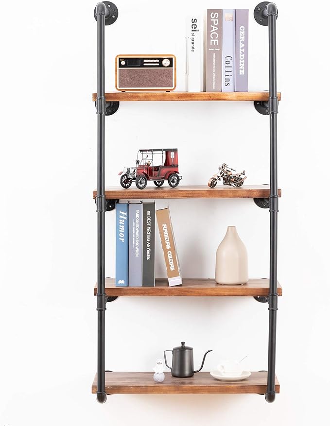 Industrial Wall Mounted Pipe Shelving,Rustic Metal Floating Shelves,Steampunk Real Wood Bookcases,DIY Bookshelf Hanging Shelves,Farmhouse Kitchen Bar Office Home Storage (5-Tier with 4 Boards,24in)