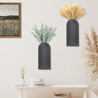 Dnnnii 2 Pack Wooden Wall Vase Set - Black Finish Modern Farmhouse & Boho Wall Decor for Entryway, Hallway, Bathroom, Living Room, Dining Room, Narrow Spaces