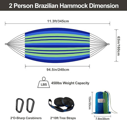 Brazilian Double Hammock with Tree Straps,Extra Large 240x160cm,2 Persons Hammock for Backyard Patio Outdoor and Indoor,450lbs Weight Capacity,Soft Woven Cotton Fabric