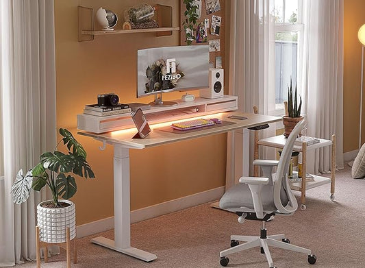 EZIBO 48 * 26 Inch Electric Standing Desk with Monitor Stand, Height Adjustable Table with LED Strips, Ergonomic Home Office Furniture with 2 Drawers Storage Workstation, Light Walnut