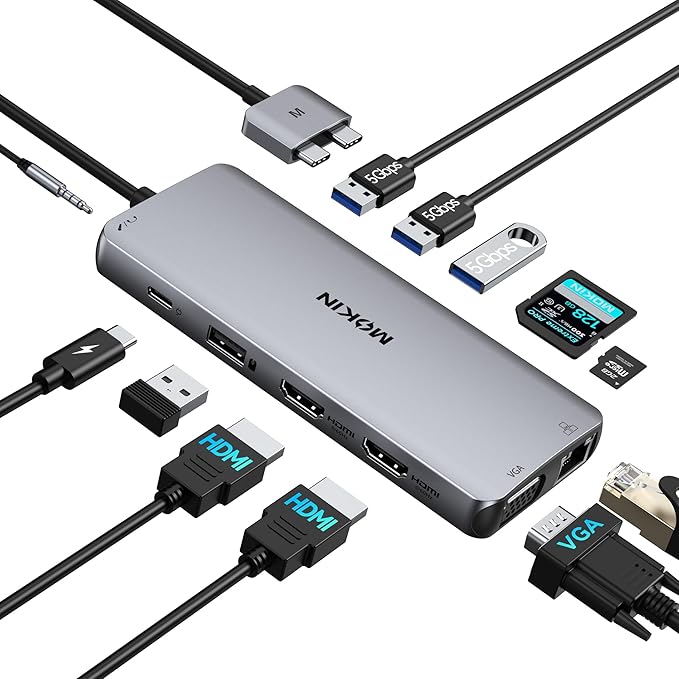 MacBook Pro Docking Station Dual Monitor HDMI Adapter,12 in 1 USB C Adapters for MacBook Pro Air Mac HDMI Dock Dongle Dual USB C to DualHDMI VGA Ethernet AUX 4USB SD/TF100W PD