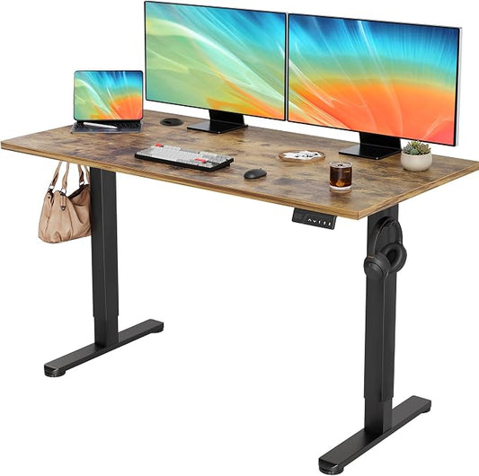 YDN 55 x 24 Inch Rustic Brown Electric Standing Desk | Adjustable Height, Sit Stand, Cable Management, Ergonomic, Home Office