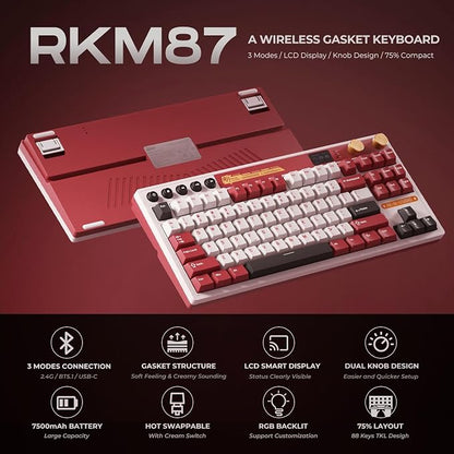 RK ROYAL KLUDGE M87 Wireless Gaming Keyboard with Screen & Dual Knobs, Red | Bluetooth/2.4G/Wired, Hot Swappable Cream Switches, 5-Layer Noise Dampening Gasket Structure,Compact 75% Size for PC/WIN/Mac