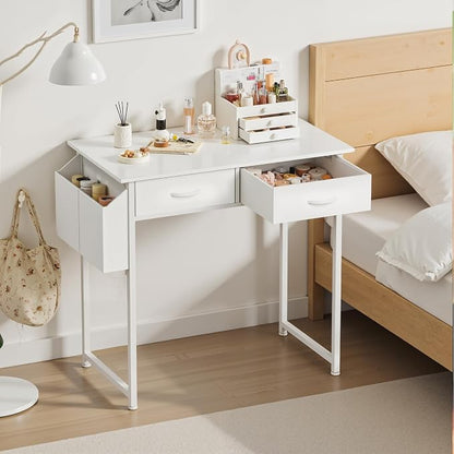OLIXIS 32 Inch Gaming Desk, Computer Desk, Fabric Drawers | Side Bag Headphone Hook, Home Office Work Table, Writing Study Bedroom, Small Space, White