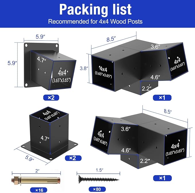 15° Slanted Roof Pergola Brackets, 3-Way Roof Wall Mount Extension Pergola Kit, Angled 4''x4'' Wood Post Base Bracket, Corner Bracket for Gazebos, Patio Pergolas, Log Cabin (6PCS)