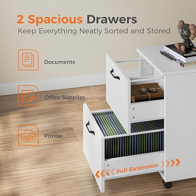 Simple Deluxe 2 Drawer Filing Cabinet, Wood Rolling Filing Cabinets with Printer Stand, Under Desk Storage Lockable Wheels, Home Office Organizer for A4 Letter Legal Size Documents,White